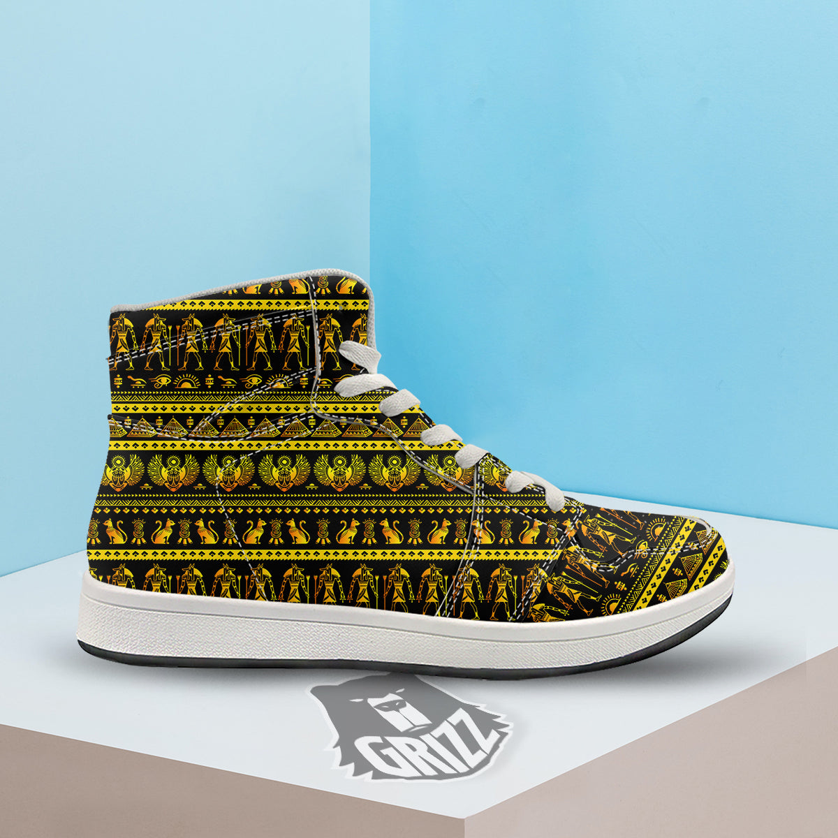 Gold Egypt Ethnic Print High Top Sneakers-grizzshop