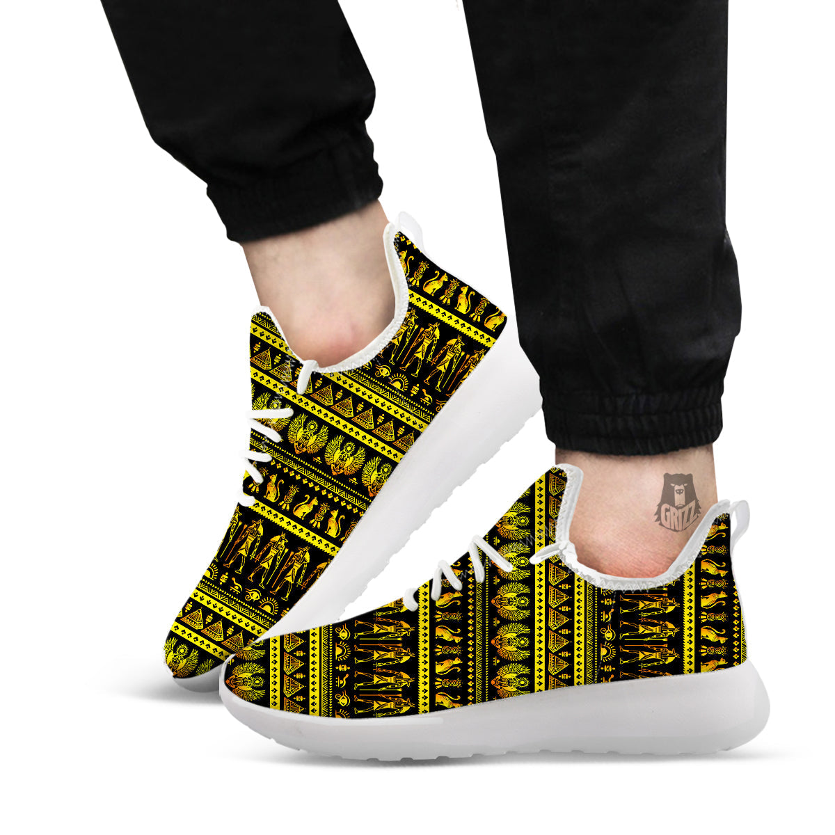 Gold Egypt Ethnic Print White Athletic Shoes-grizzshop