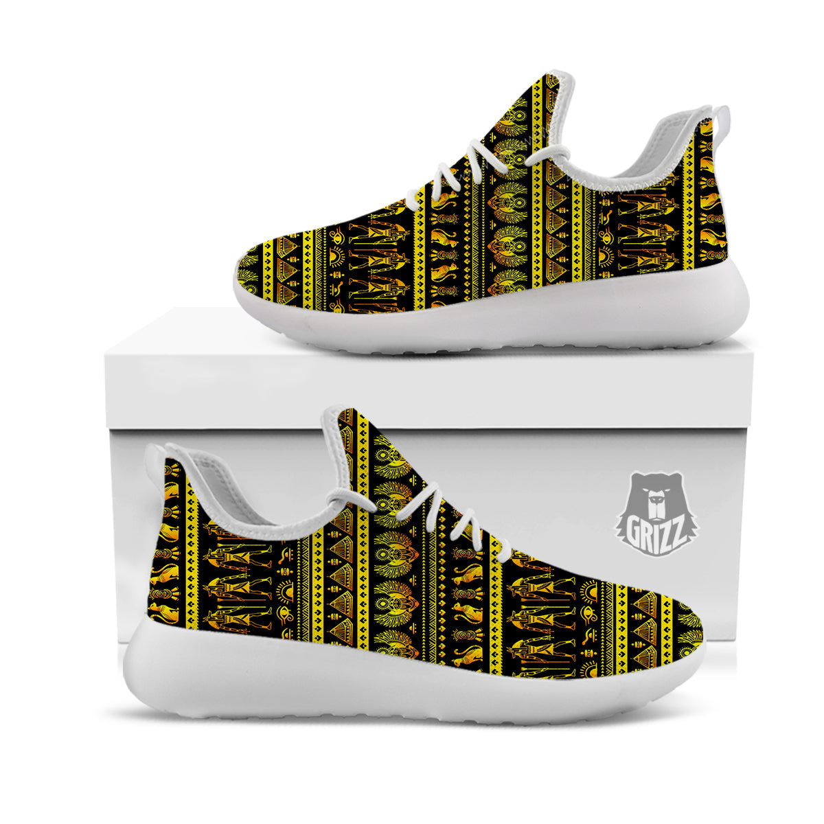 Gold Egypt Ethnic Print White Athletic Shoes-grizzshop