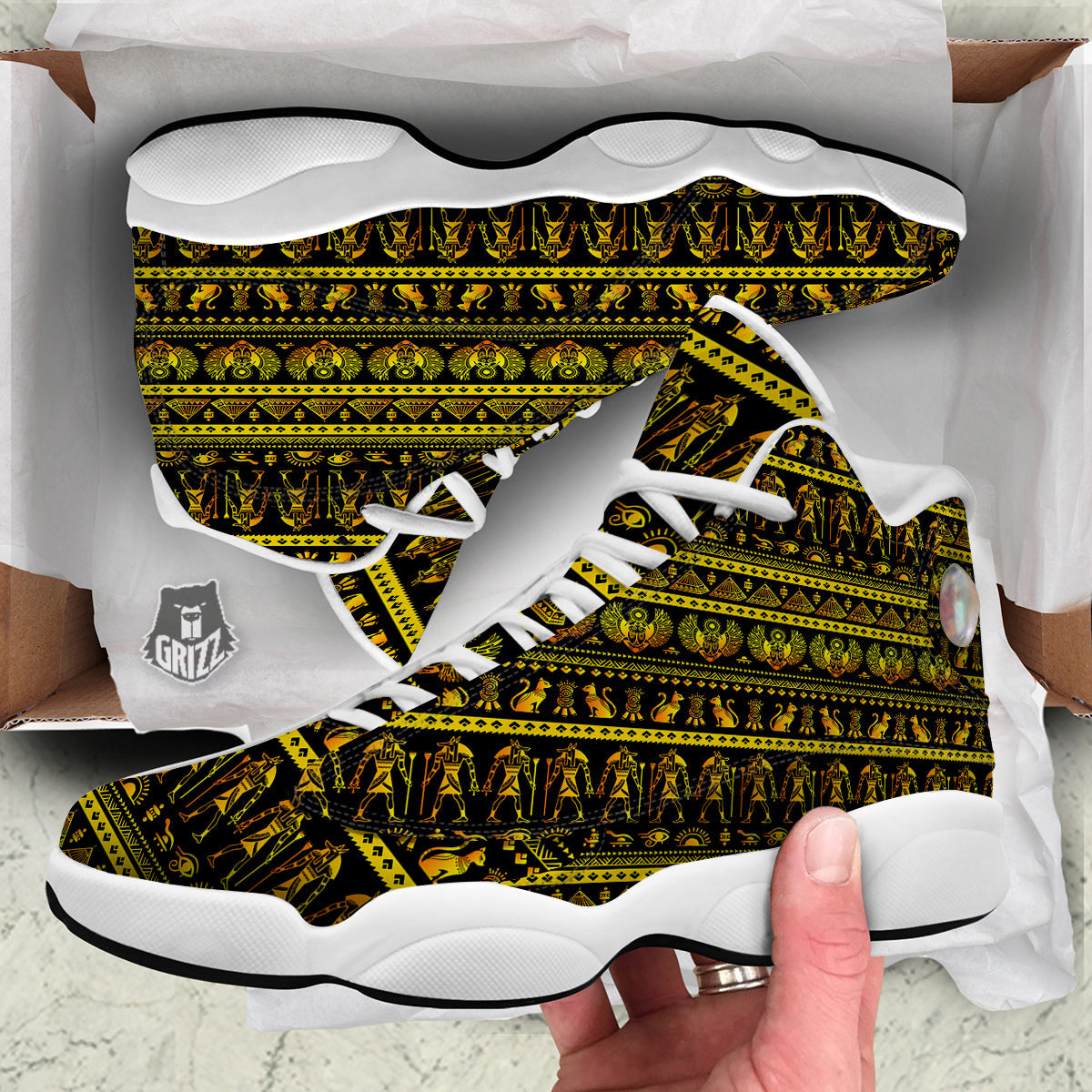 Gold Egypt Ethnic Print White Basketball Shoes-grizzshop
