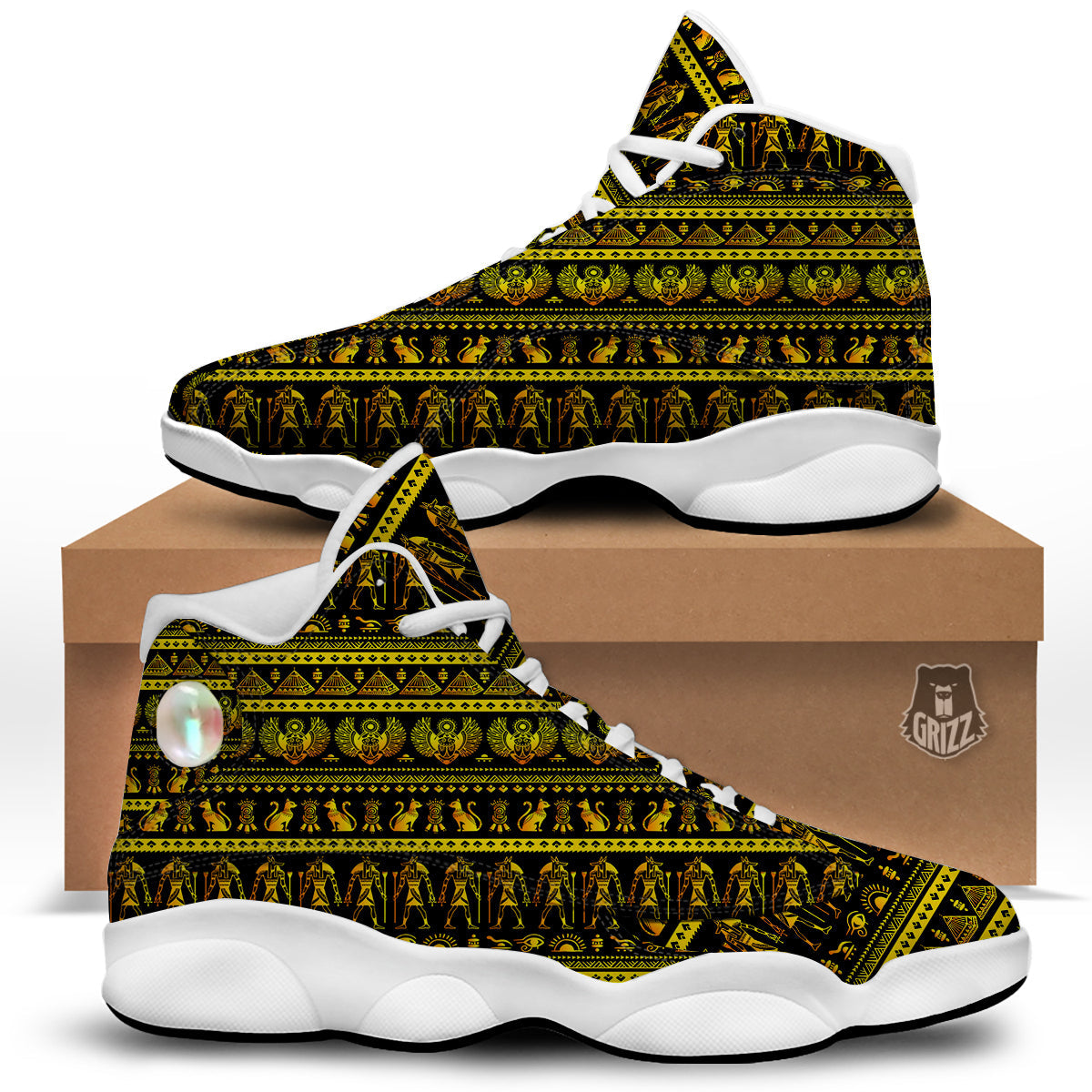 Gold Egypt Ethnic Print White Basketball Shoes-grizzshop