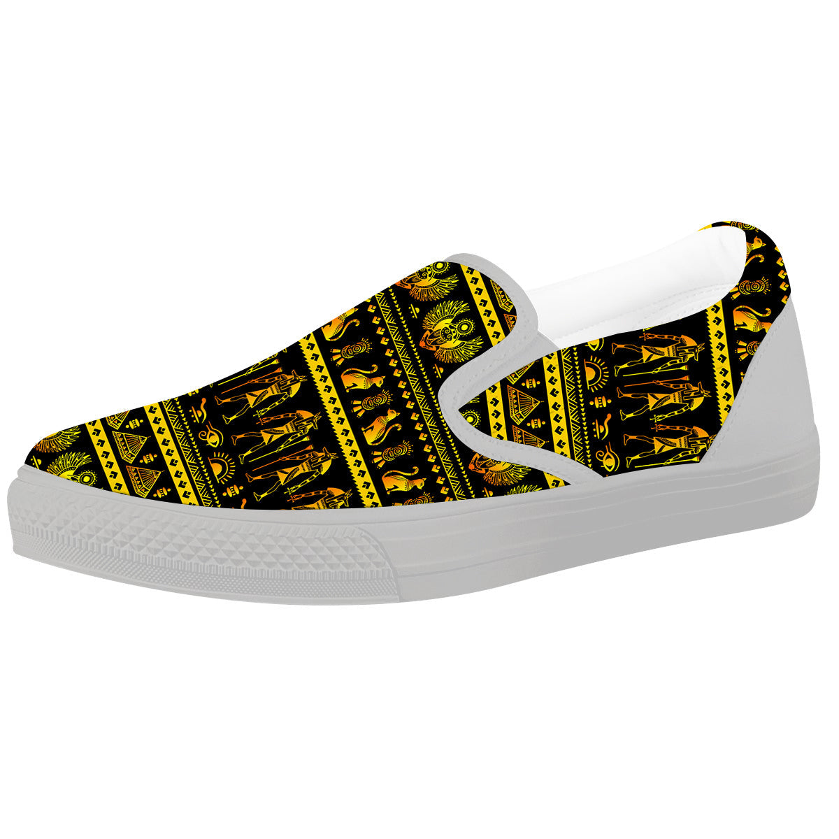 Gold Egypt Ethnic Print White Slip On Shoes-grizzshop
