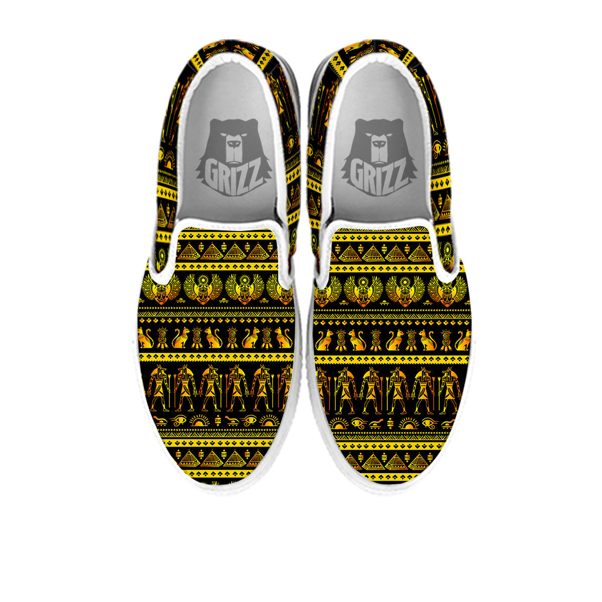 Gold Egypt Ethnic Print White Slip On Shoes-grizzshop