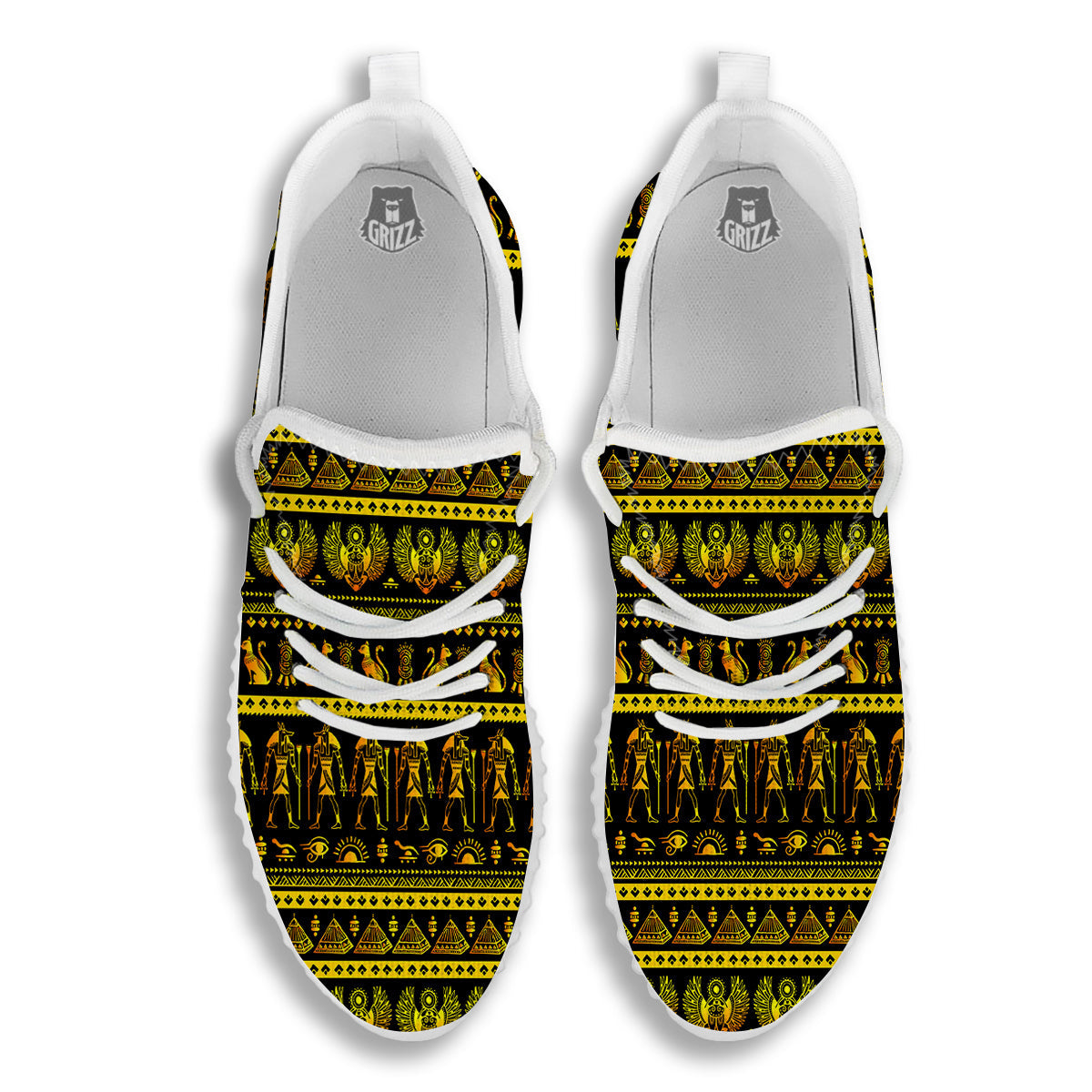 Gold Egypt Ethnic Print White Walking Shoes-grizzshop