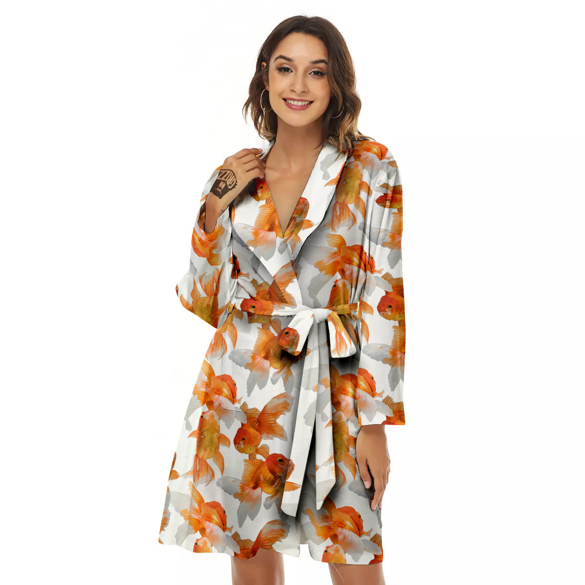 Gold Fish And White Print Pattern Women's Robe-grizzshop