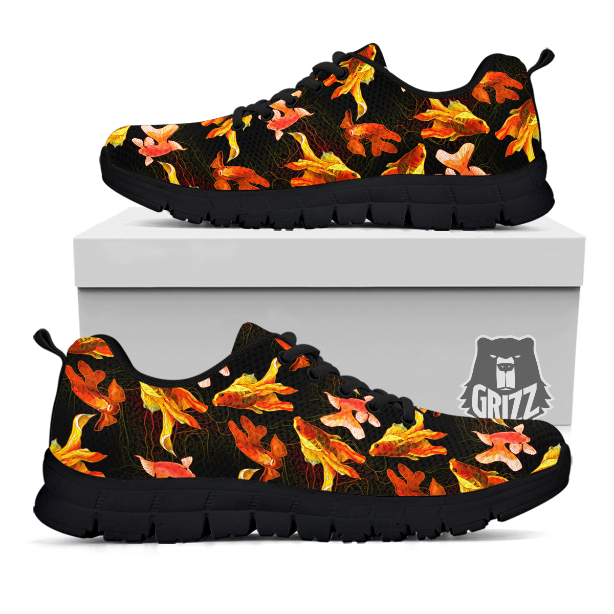 Gold Fish Drawing Print Pattern Black Sneaker-grizzshop