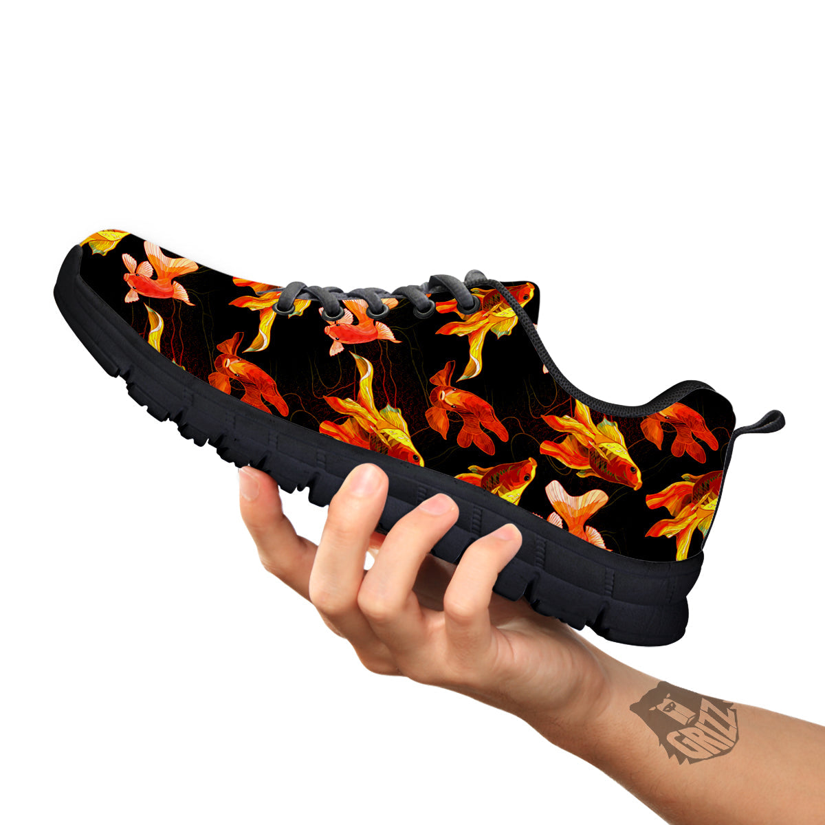 Gold Fish Drawing Print Pattern Black Sneaker-grizzshop