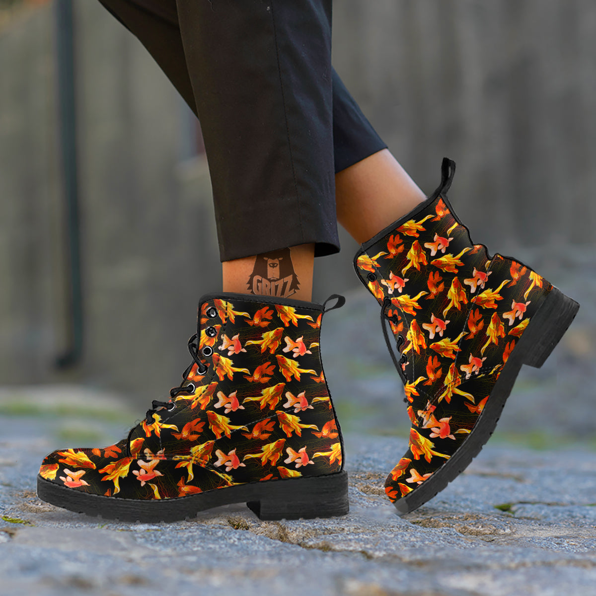Gold Fish Drawing Print Pattern Leather Boots-grizzshop