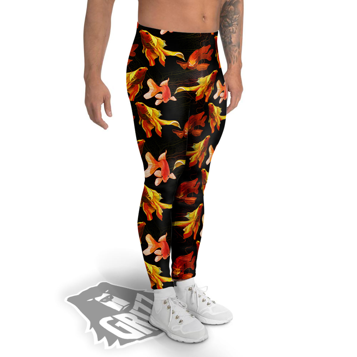 Gold Fish Drawing Print Pattern Men's Leggings-grizzshop