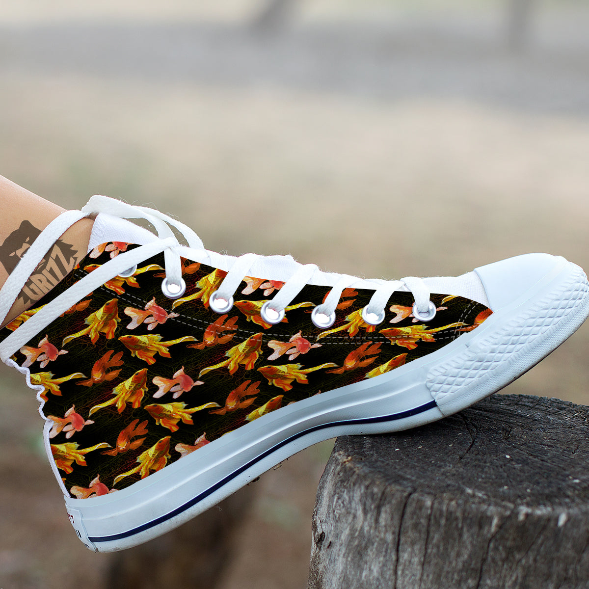 Gold Fish Drawing Print Pattern White High Top Shoes-grizzshop