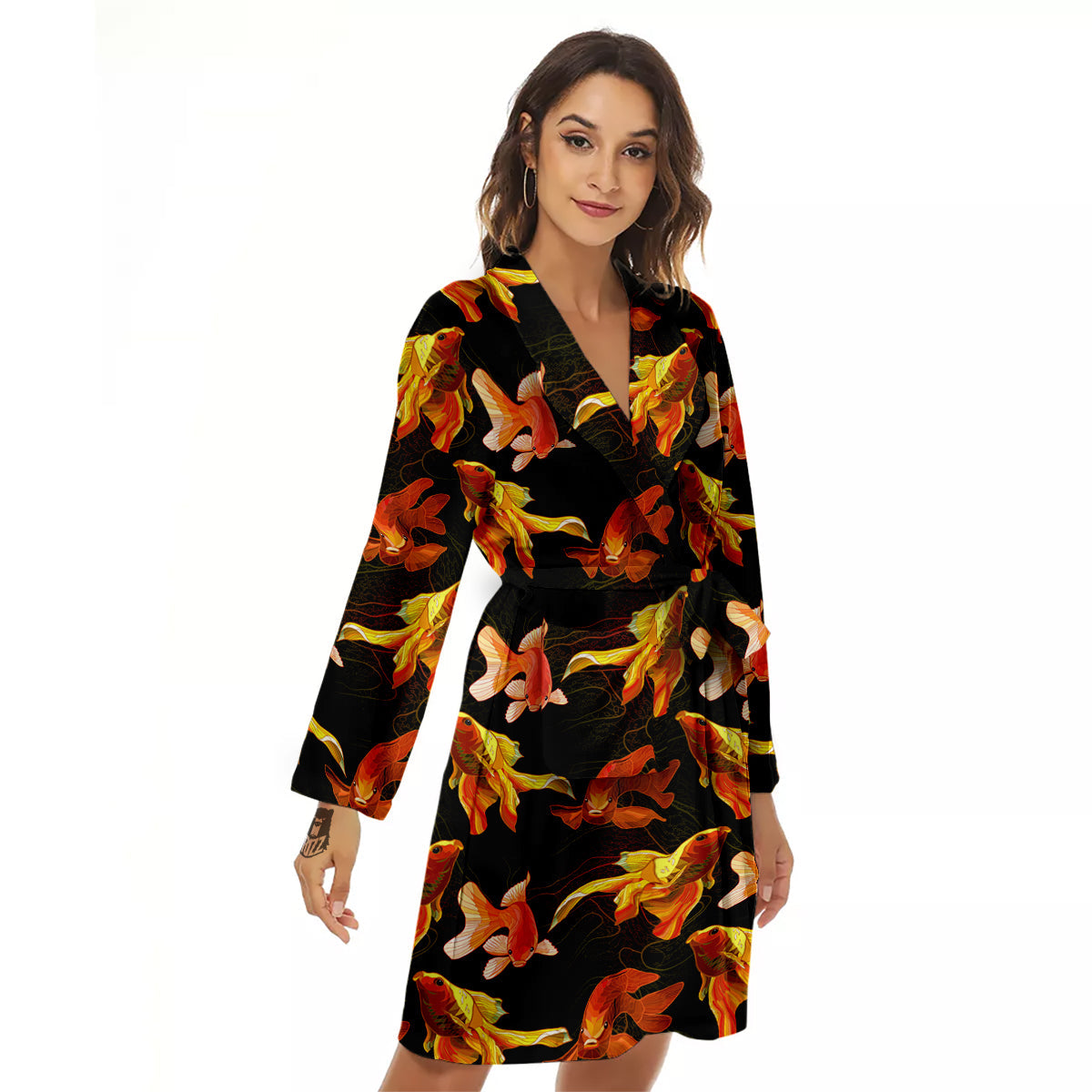 Gold Fish Drawing Print Pattern Women's Robe-grizzshop