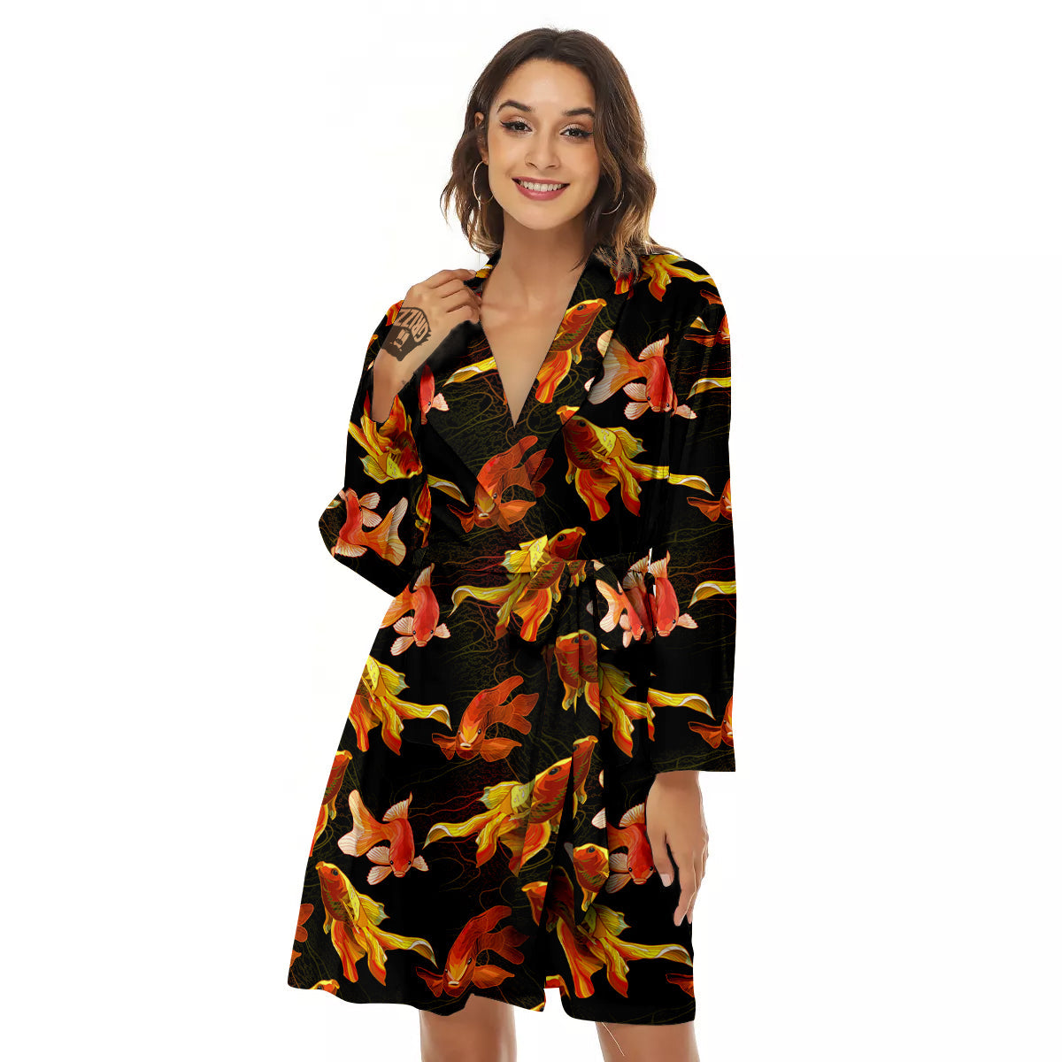 Gold Fish Drawing Print Pattern Women's Robe-grizzshop