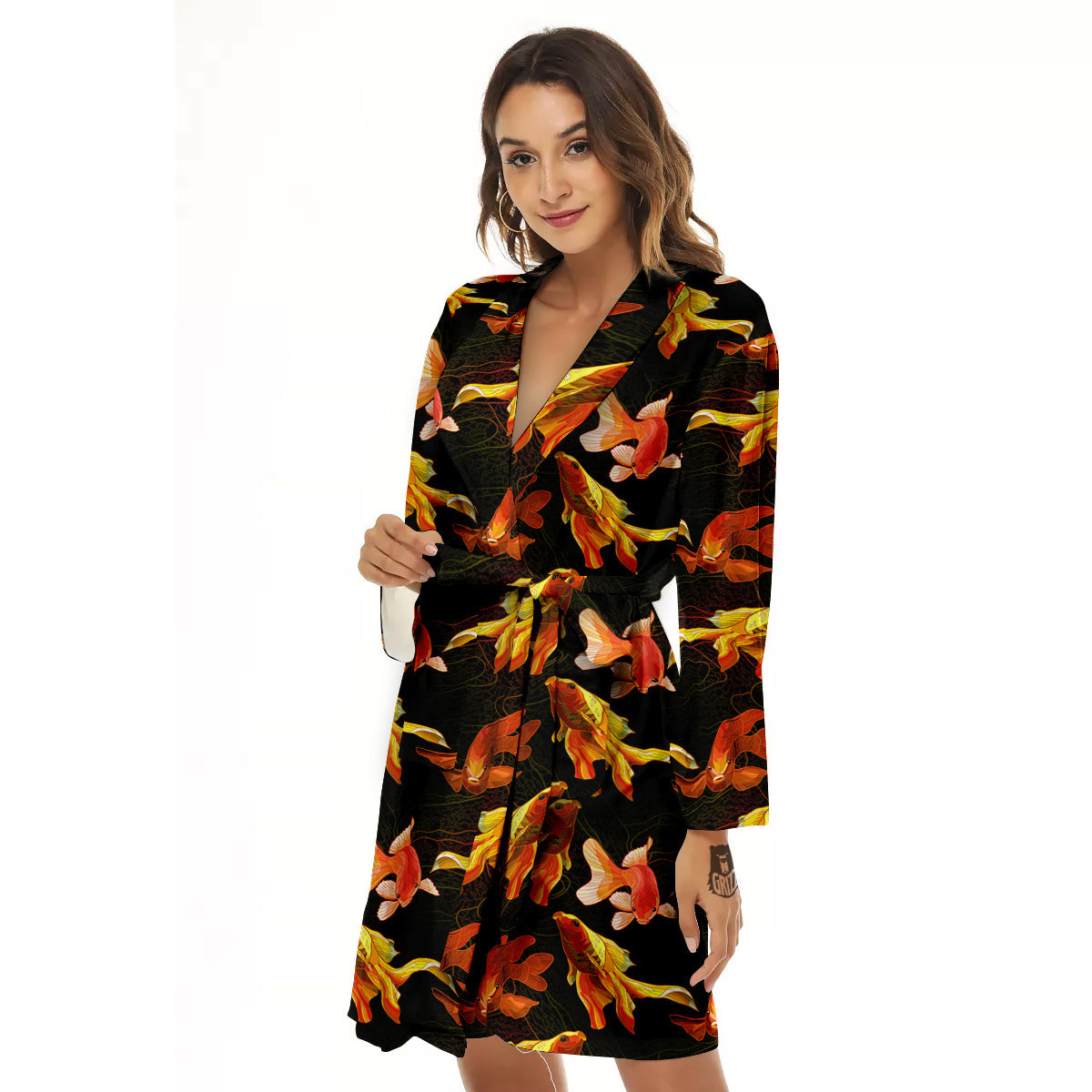 Gold Fish Drawing Print Pattern Women's Robe-grizzshop