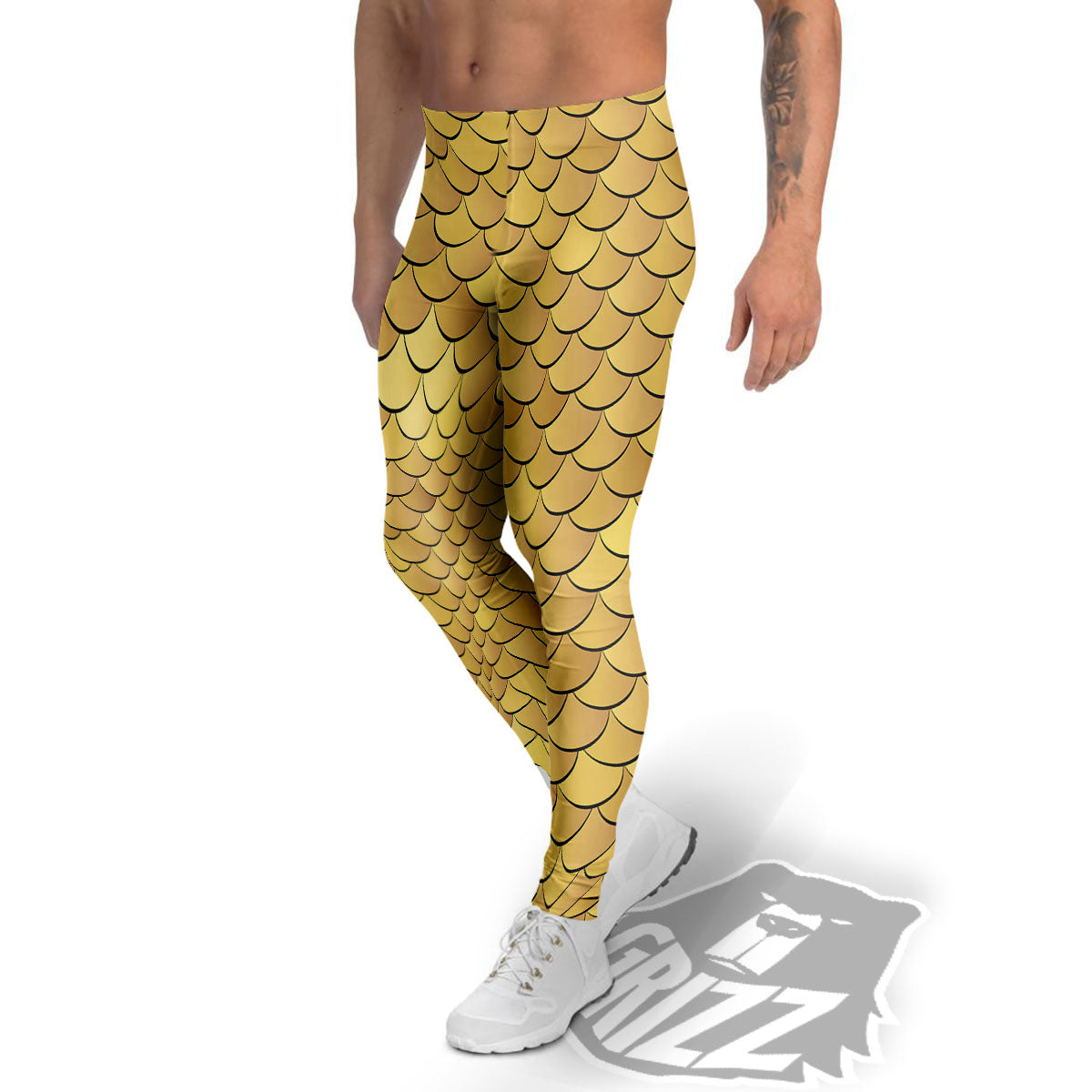 Gold Fish Scales Print Men's Leggings-grizzshop