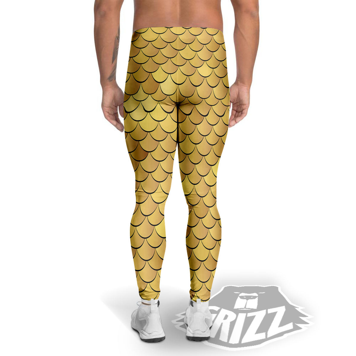 Gold Fish Scales Print Men's Leggings-grizzshop