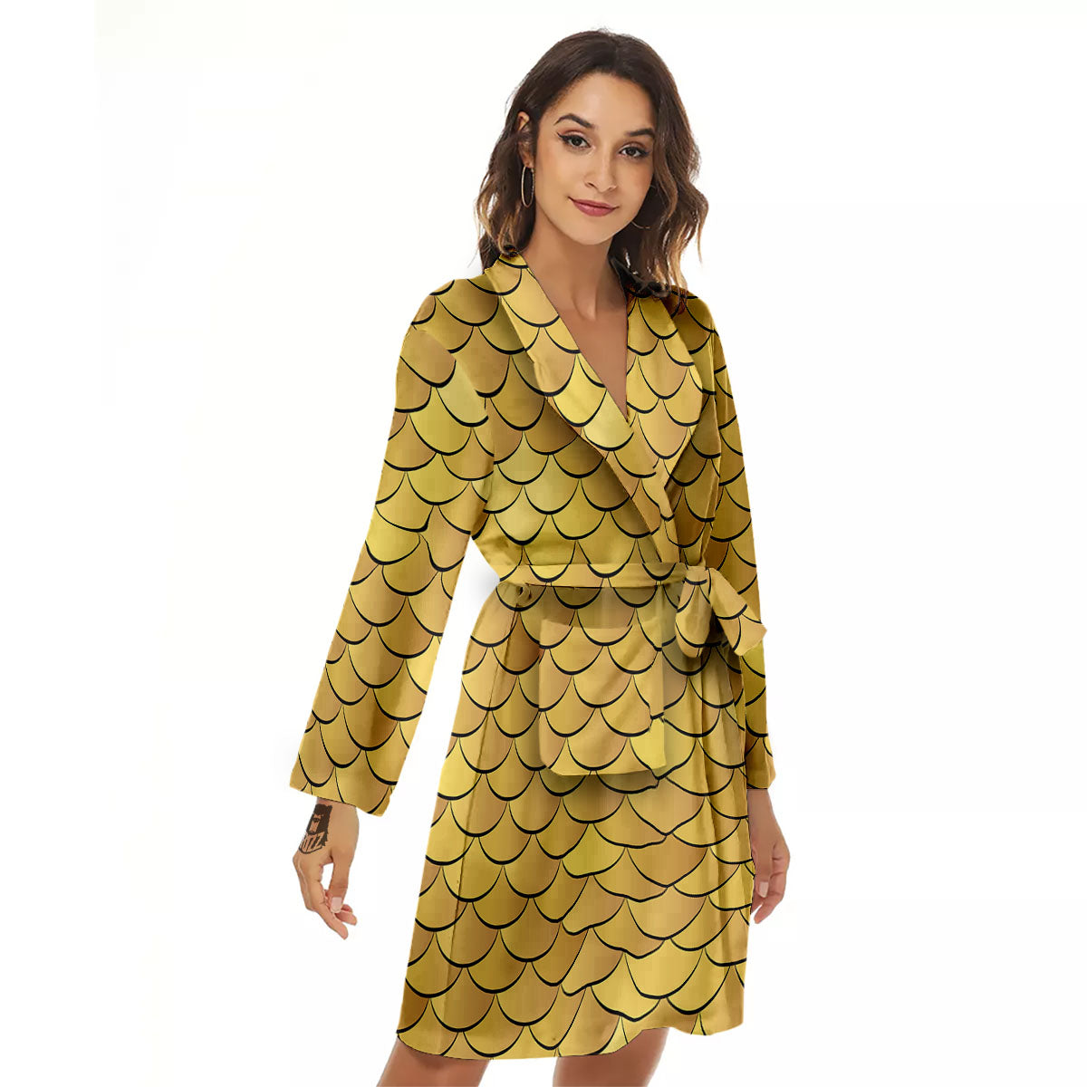 Gold Fish Scales Print Women's Robe-grizzshop