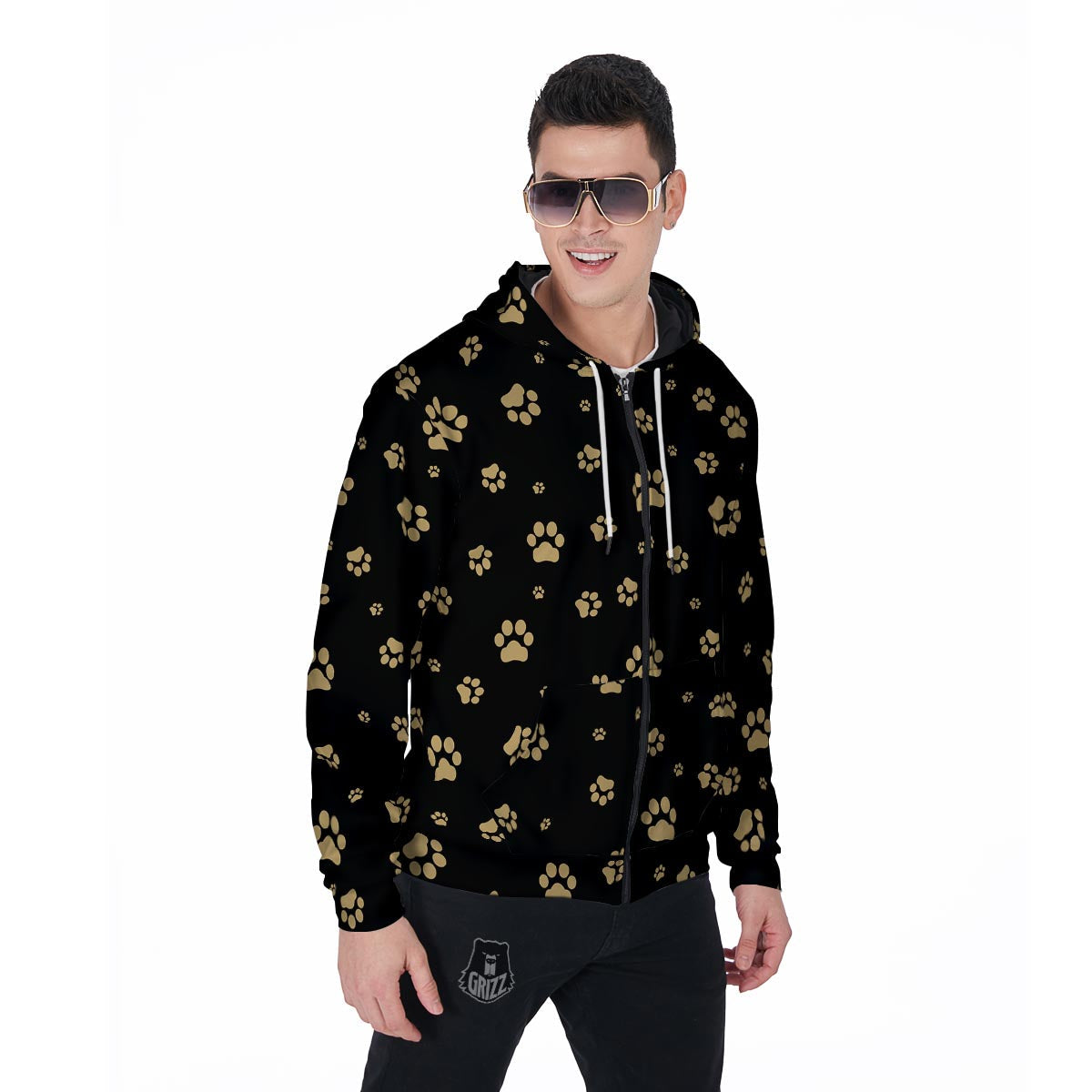 Gold Footprint Paw Men's Zip Up Hoodie-grizzshop
