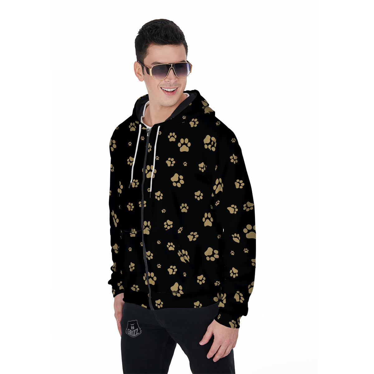 Gold Footprint Paw Men's Zip Up Hoodie-grizzshop