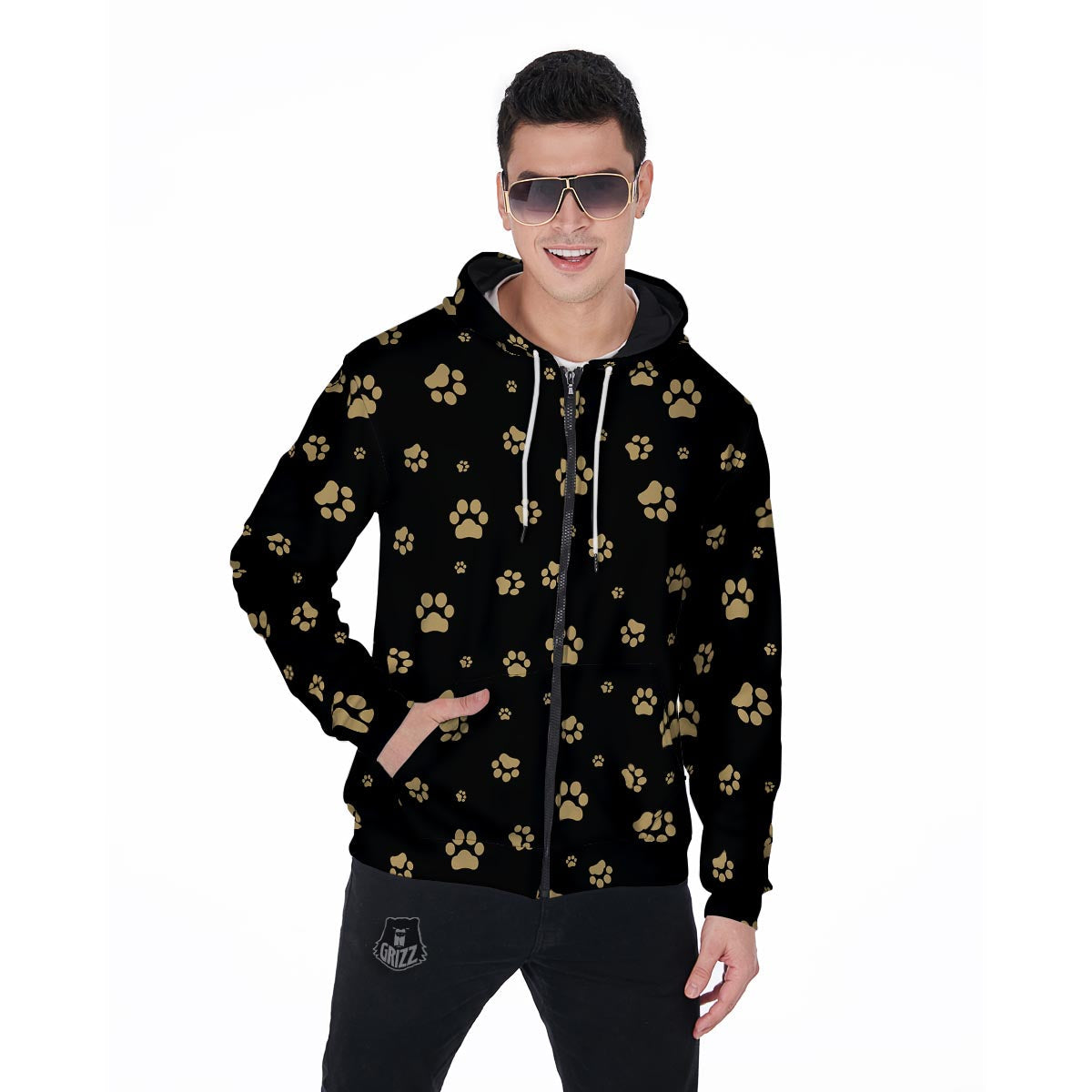 Gold Footprint Paw Men's Zip Up Hoodie-grizzshop