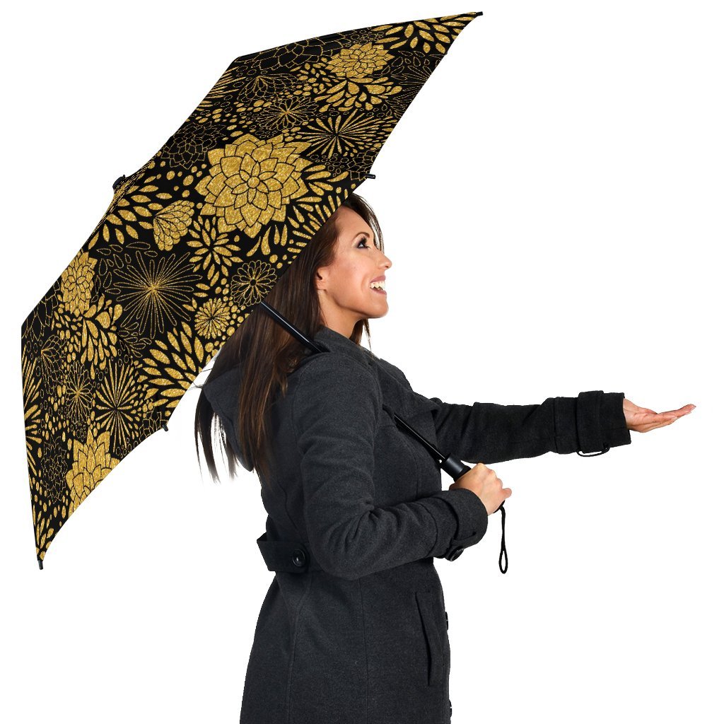Gold Glitter Floral Pattern Print Automatic Foldable Umbrella-grizzshop
