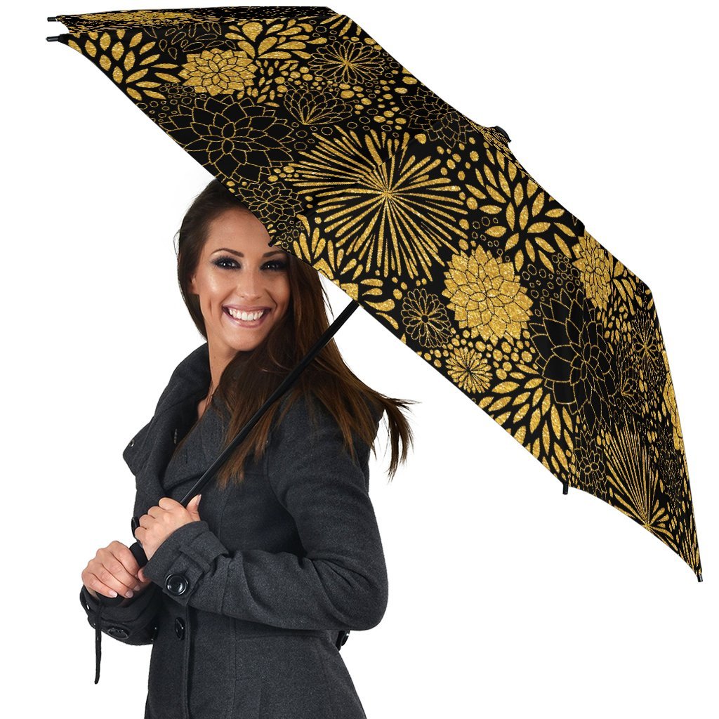 Gold Glitter Floral Pattern Print Automatic Foldable Umbrella-grizzshop
