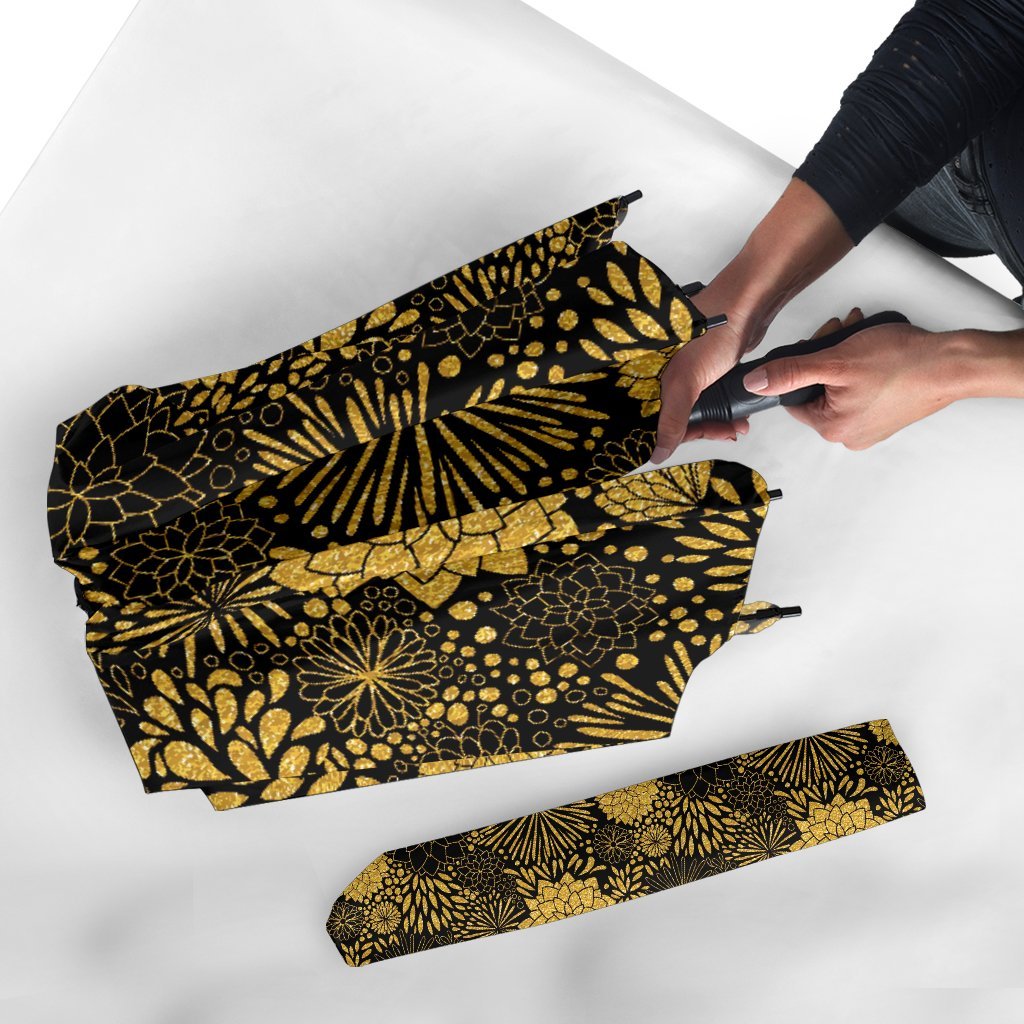 Gold Glitter Floral Pattern Print Automatic Foldable Umbrella-grizzshop