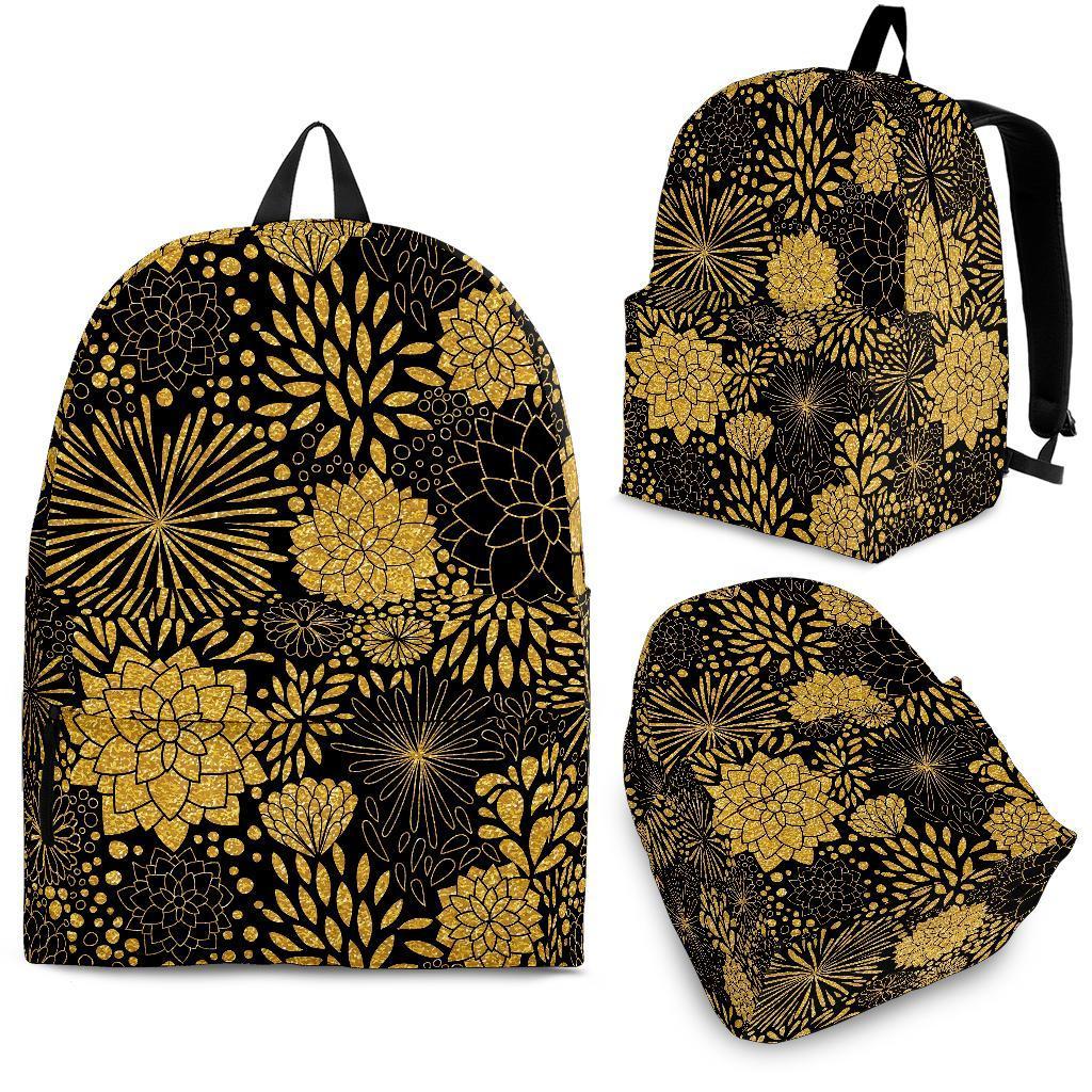 Gold Glitter Floral Pattern Print Backpack-grizzshop