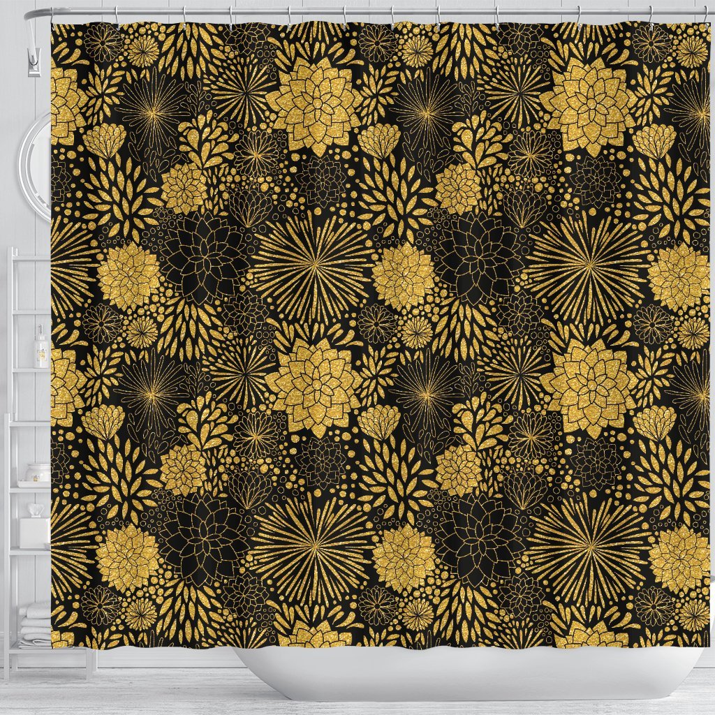 Gold Glitter Floral Pattern Print Bathroom Shower Curtain-grizzshop