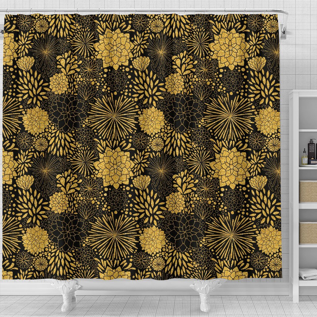 Gold Glitter Floral Pattern Print Bathroom Shower Curtain-grizzshop