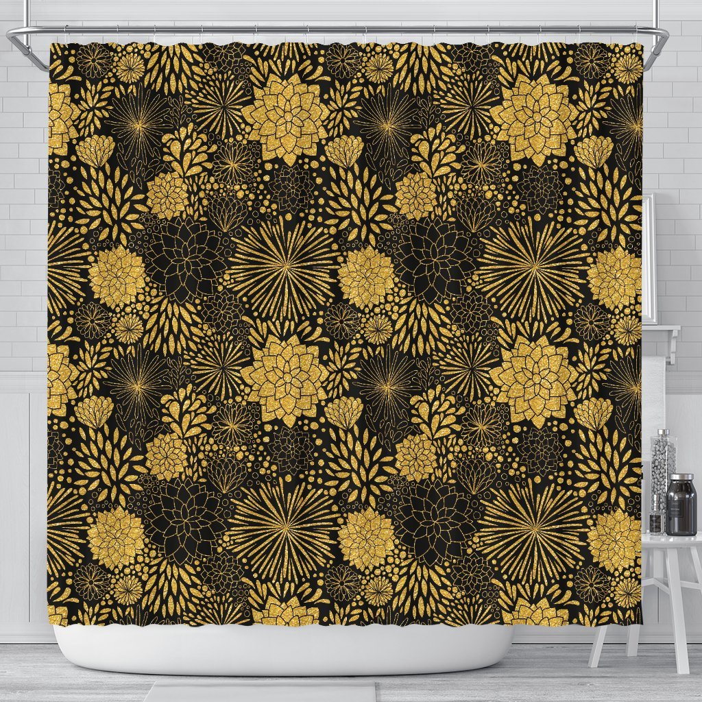 Gold Glitter Floral Pattern Print Bathroom Shower Curtain-grizzshop