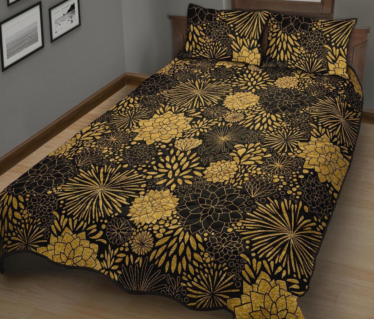 Gold Glitter Floral Pattern Print Bed Set Quilt-grizzshop