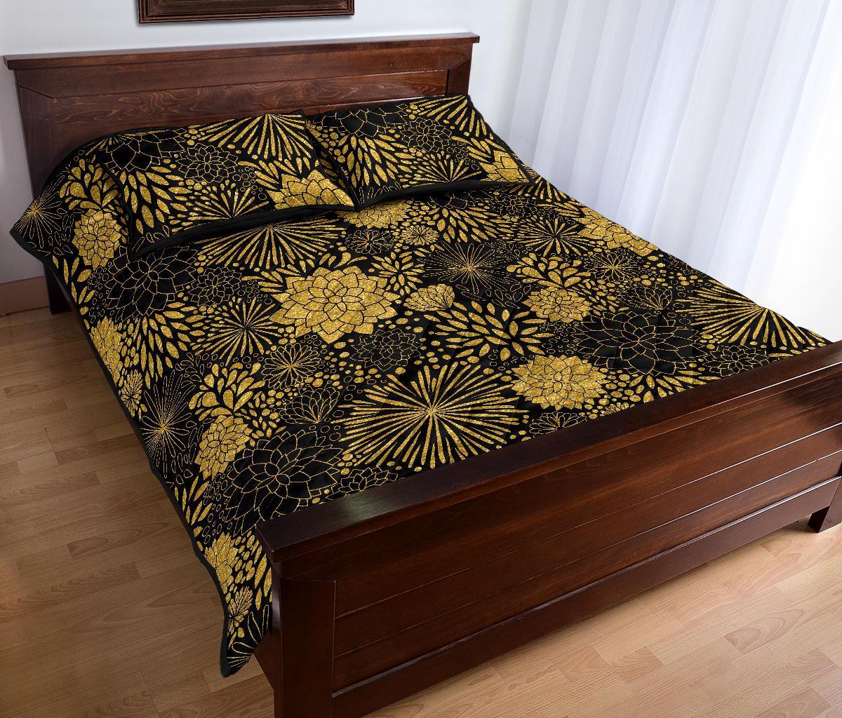 Gold Glitter Floral Pattern Print Bed Set Quilt-grizzshop