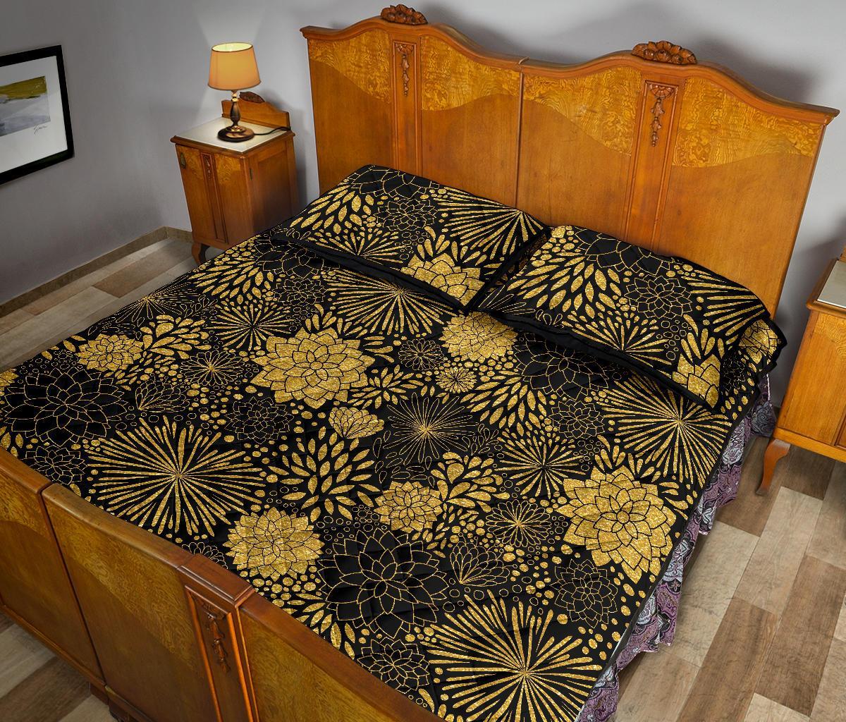 Gold Glitter Floral Pattern Print Bed Set Quilt-grizzshop