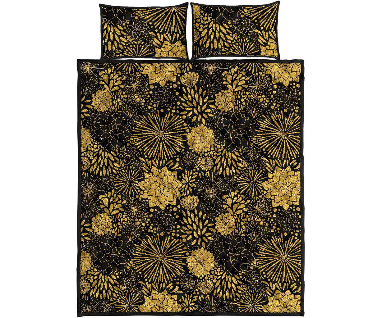 Gold Glitter Floral Pattern Print Bed Set Quilt-grizzshop