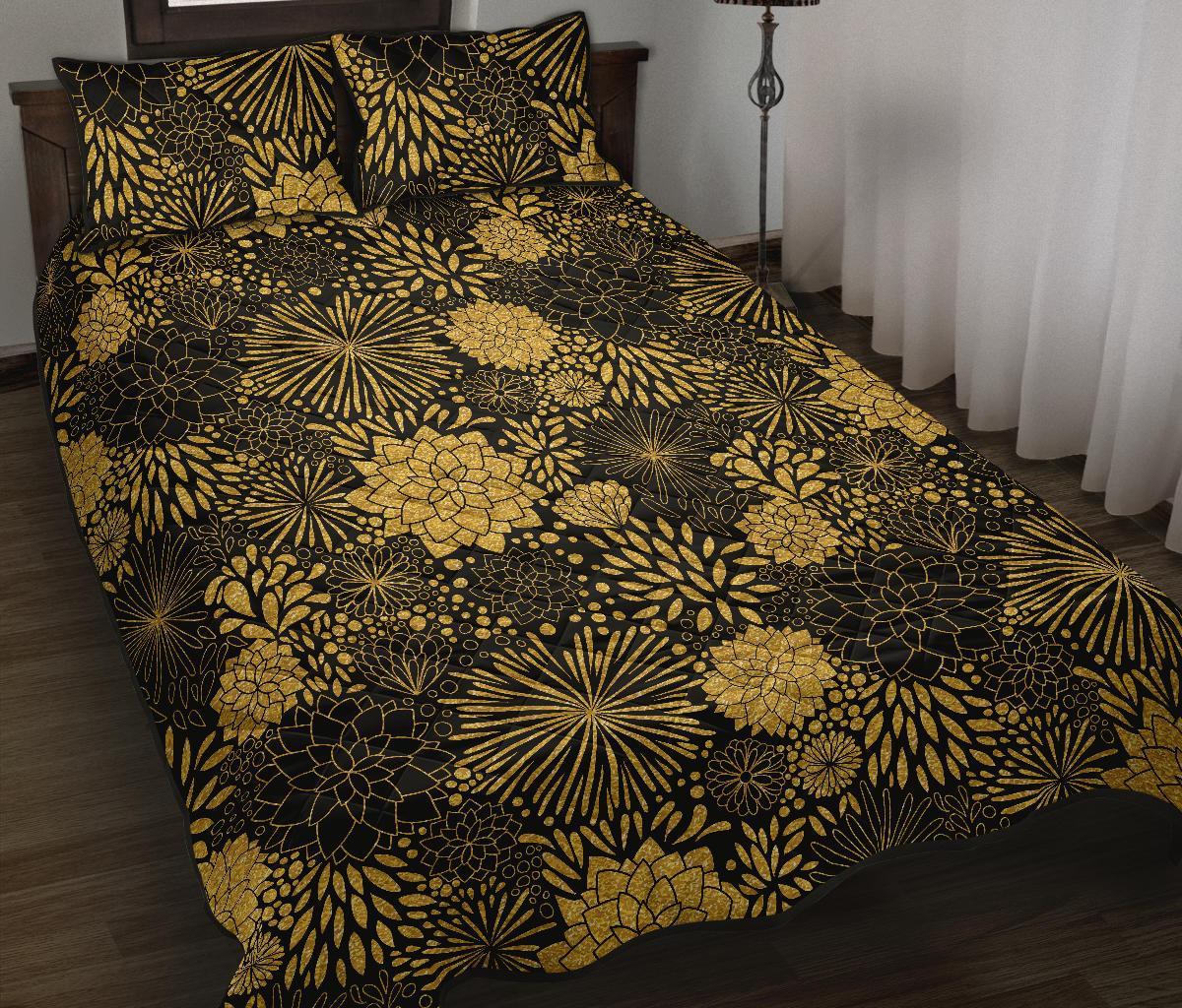 Gold Glitter Floral Pattern Print Bed Set Quilt-grizzshop
