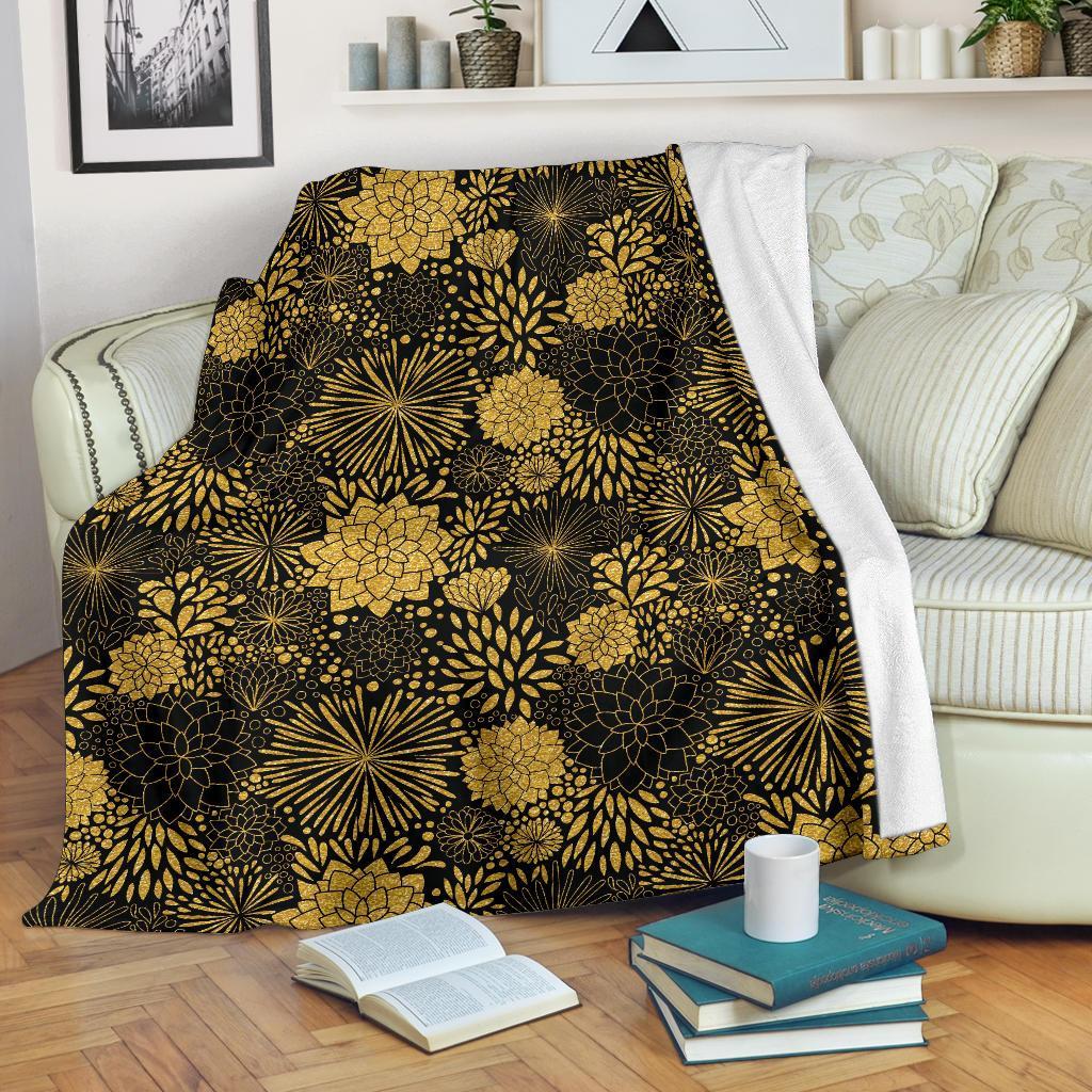 Gold Glitter Floral Pattern Print Blanket-grizzshop