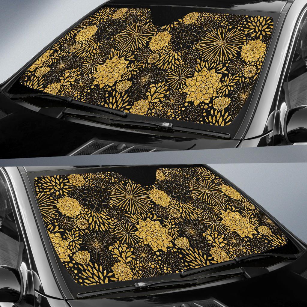 Gold Glitter Floral Pattern Print Car Sun Shade-grizzshop