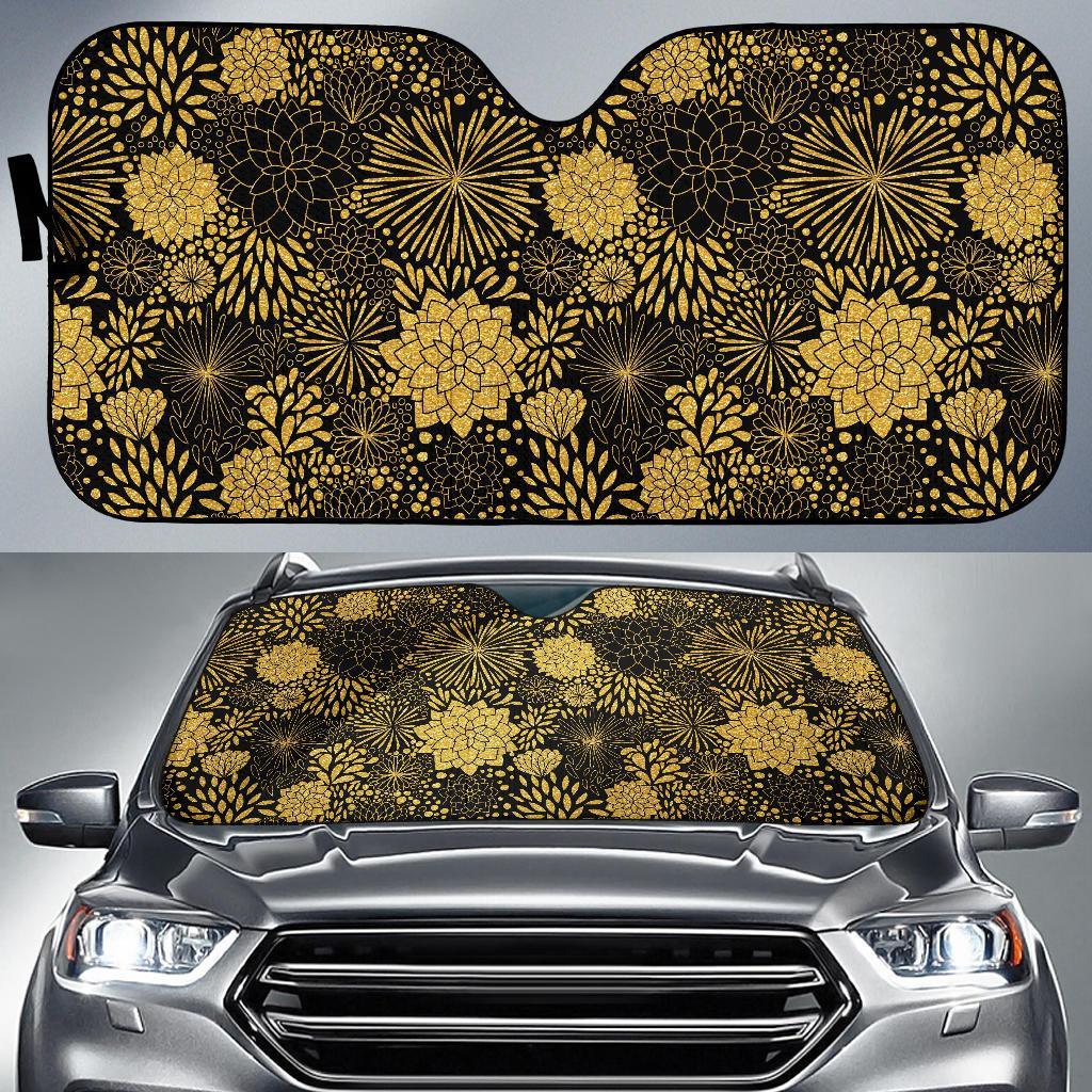 Gold Glitter Floral Pattern Print Car Sun Shade-grizzshop