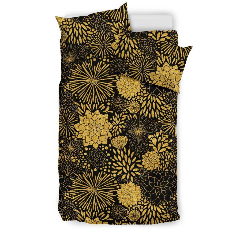 Gold Glitter Floral Pattern Print Duvet Cover Bedding Set-grizzshop