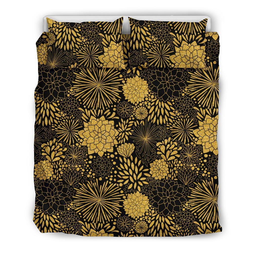 Gold Glitter Floral Pattern Print Duvet Cover Bedding Set-grizzshop