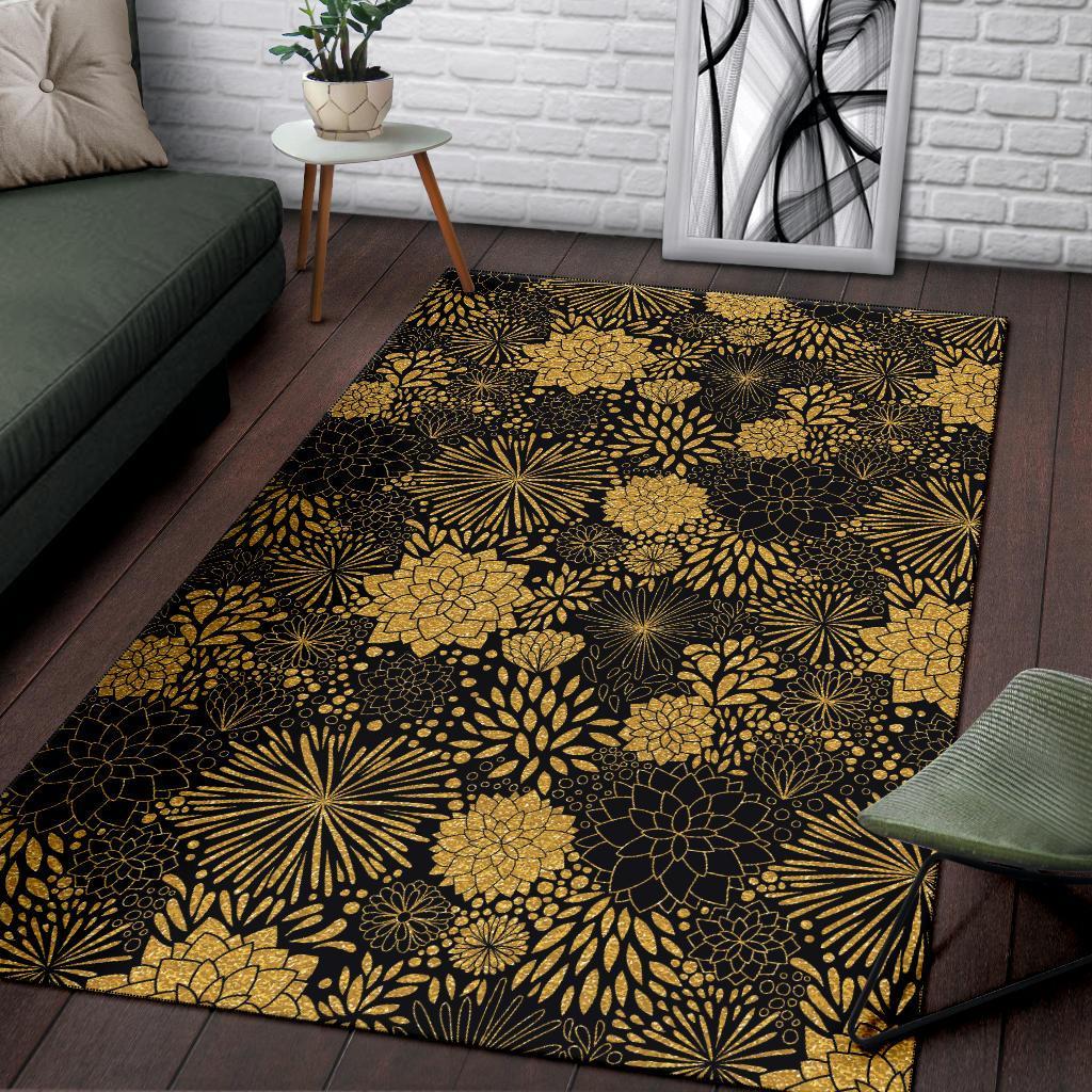 Gold Glitter Floral Pattern Print Floor Mat-grizzshop