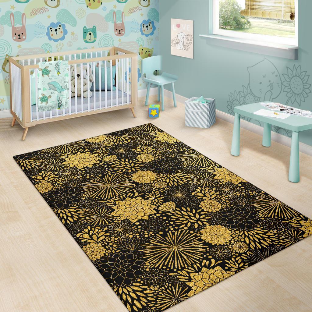 Gold Glitter Floral Pattern Print Floor Mat-grizzshop