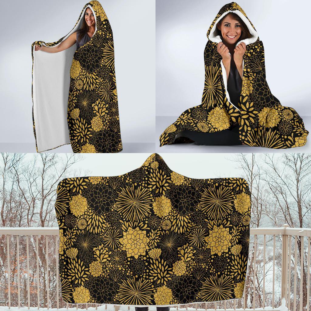 Gold Glitter Floral Pattern Print Hooded Blanket-grizzshop
