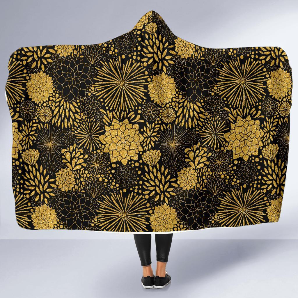 Gold Glitter Floral Pattern Print Hooded Blanket-grizzshop