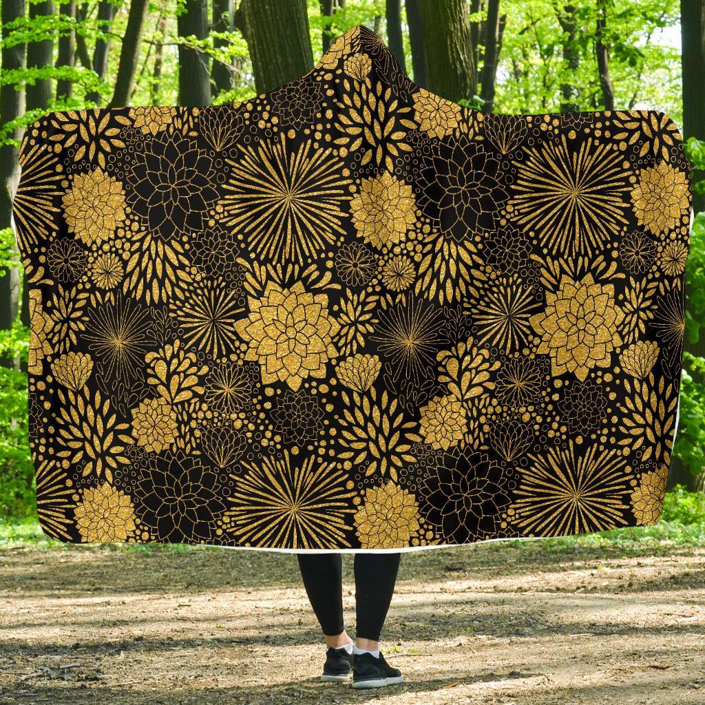 Gold Glitter Floral Pattern Print Hooded Blanket-grizzshop
