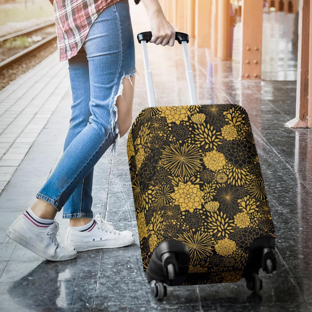 Gold Glitter Floral Pattern Print Luggage Cover Protector-grizzshop