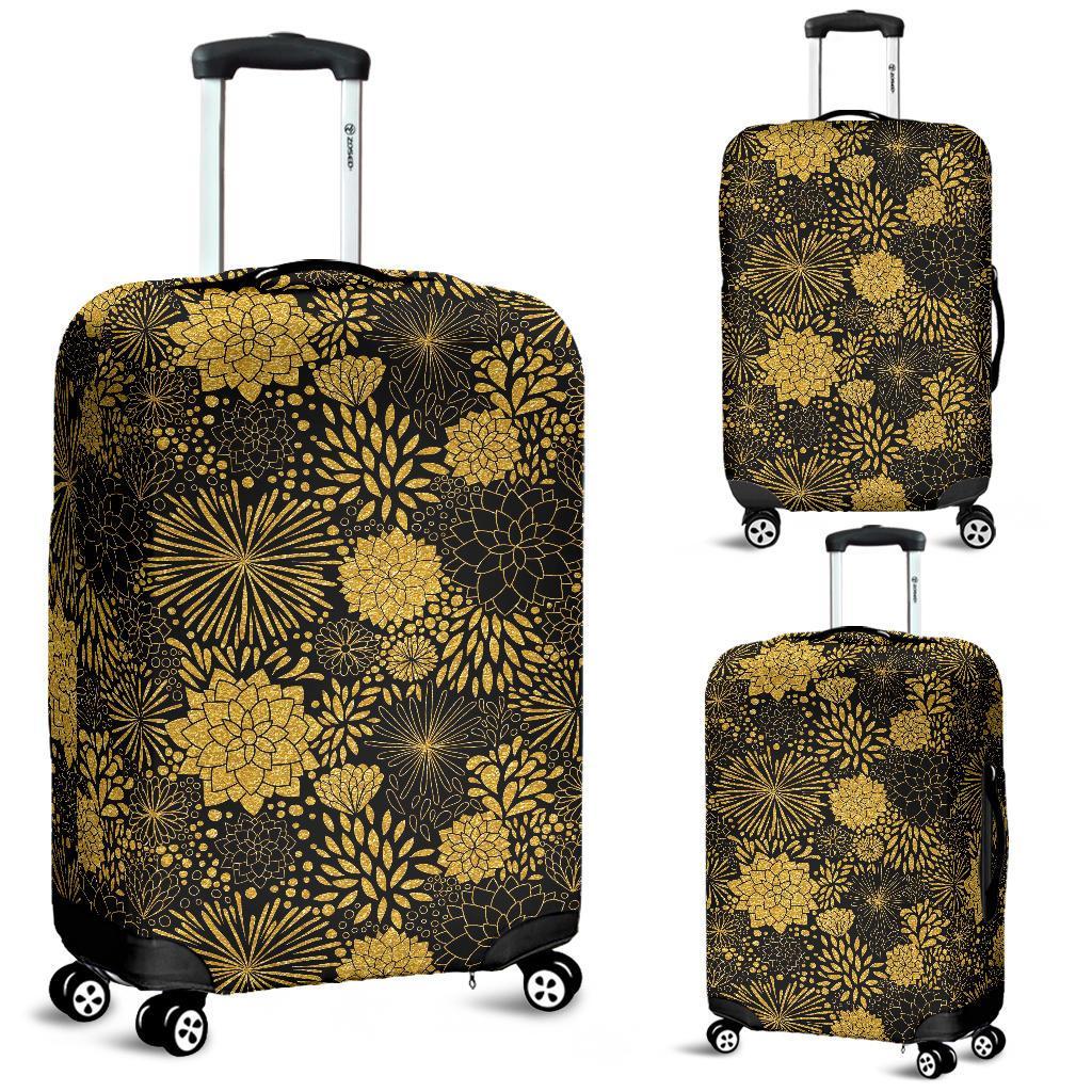 Gold Glitter Floral Pattern Print Luggage Cover Protector-grizzshop