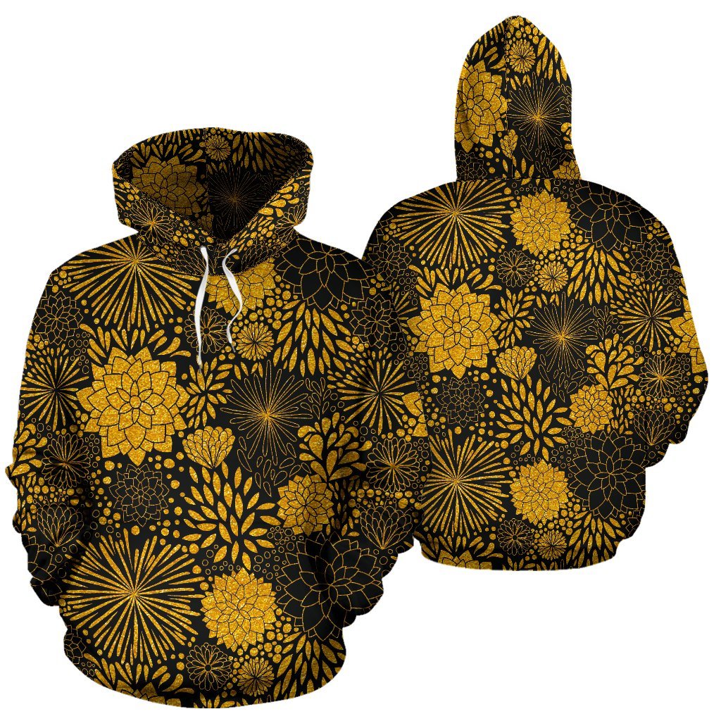 Gold Glitter Floral Pattern Print Men Women Pullover Hoodie-grizzshop