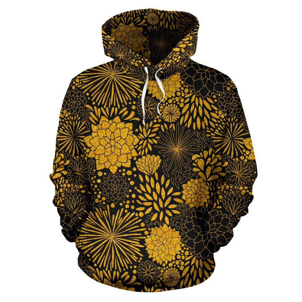 Gold Glitter Floral Pattern Print Men Women Pullover Hoodie-grizzshop