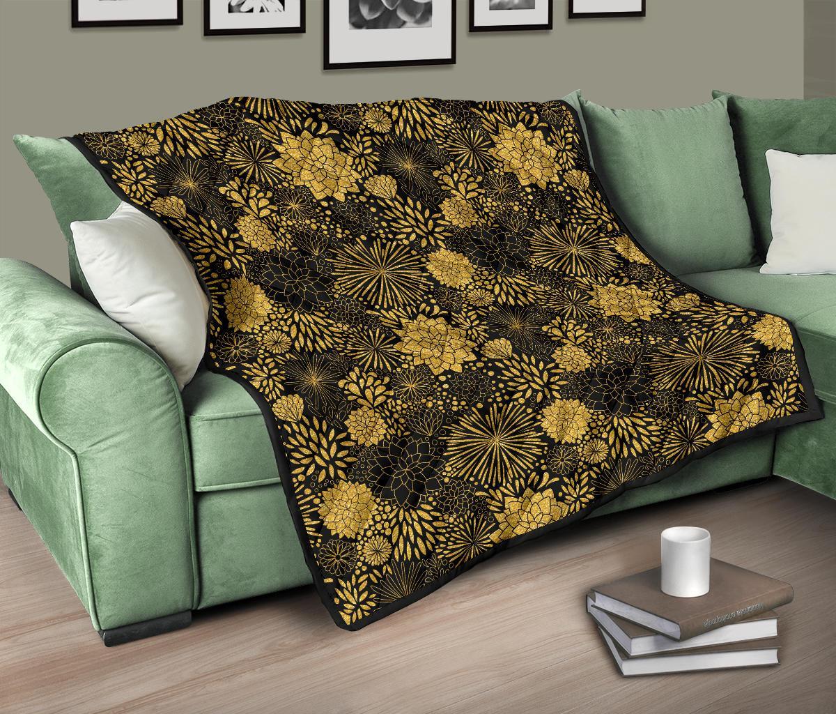 Gold Glitter Floral Pattern Print Quilt-grizzshop